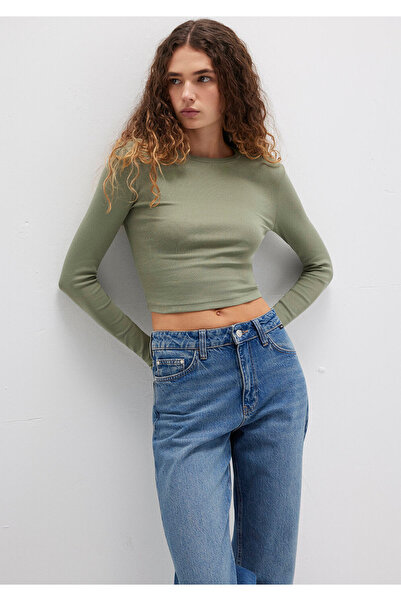 Mavi Uzun Kollu Haki Crop Basic Tişört Crop / Kısa Kesim 1612822-71818