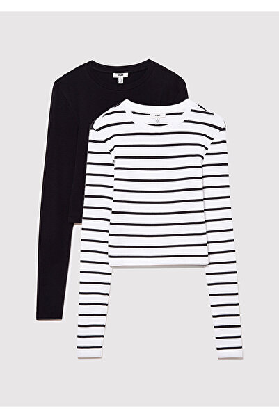 Mavi 2li Uzun Kollu Crop Basic Tişört Fitted / Vücuda Oturan Kesim 1613021-900