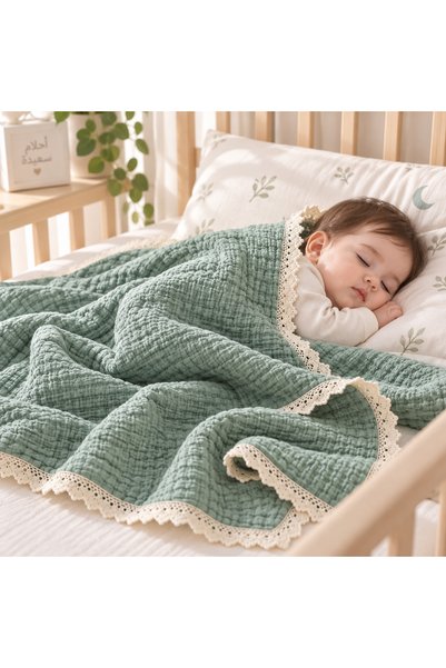 LOOFI Soft Cotton Baby Blanket with Lace Edges Size 150X150 cm - Green