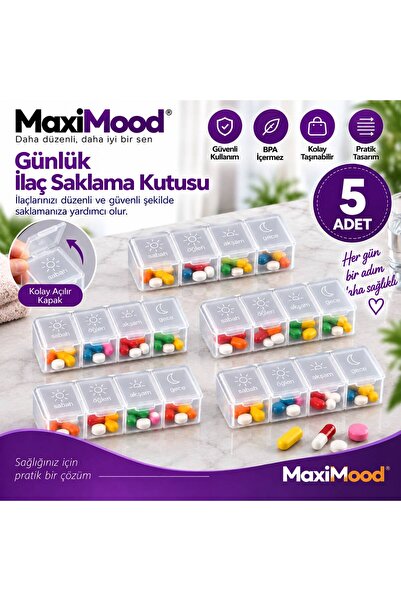 MaxiMood 5 Adet Günlük Ilaç Hap Saklama Kutusu Kabı Ilaç Taşıma Kutusu Kabı