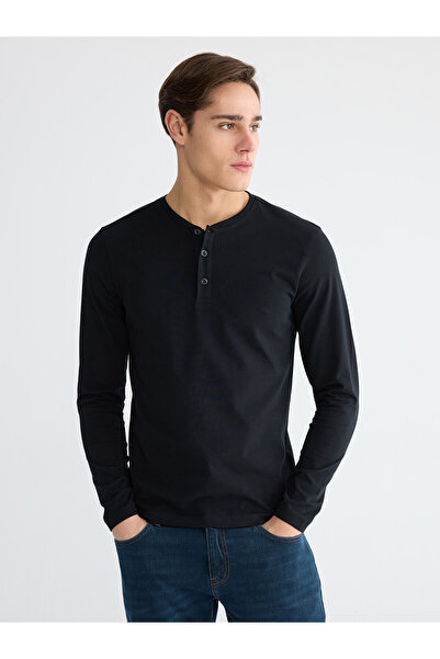 LC Waikiki Nevavm with a Difference Black Combed Cotton Plain Long Sleeve Men...