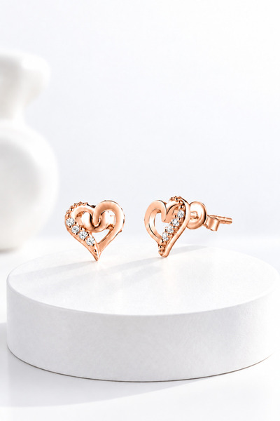 jelux silver Gümüş 925 Ayar Zirkon Taşlı Kalp Çivili Rose Çocuk Küpesi