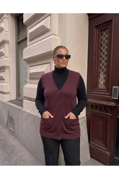 onno style women Pocket Stone-Embellished Steel Knit Classic Tricot Vest