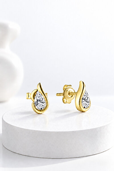 jelux silver Gümüş 925 Ayar Gümüş Damla Zirkon Taşlı Çivili Gold Küpe