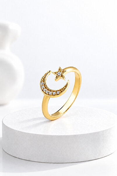jelux silver Gümüş 925 Ayar Zirkon Taşlı Ayarlanabilir Ay Yıldız Model Gold Y...