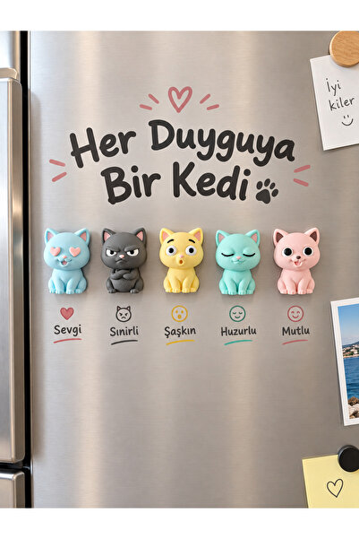Moldream 5'li Hediyelik Kedi Buzdolabı Magneti Seti Dekoratif Renkli Mutfak Süsü