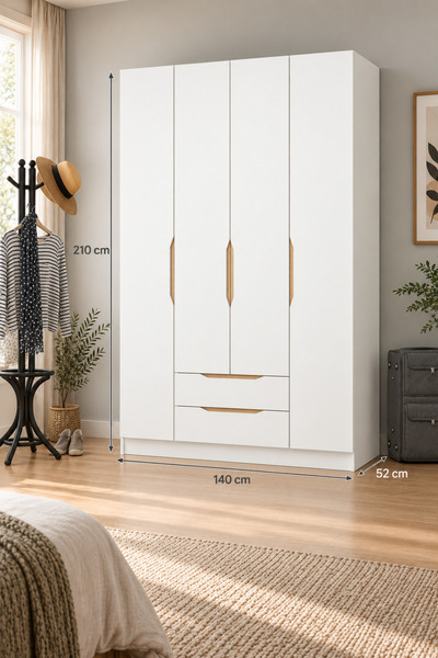 homeizi Alin 4 Kapaklı 2 Çekmeceli Gardırop - Elbise Dolabı - J Soft Kulp - B...