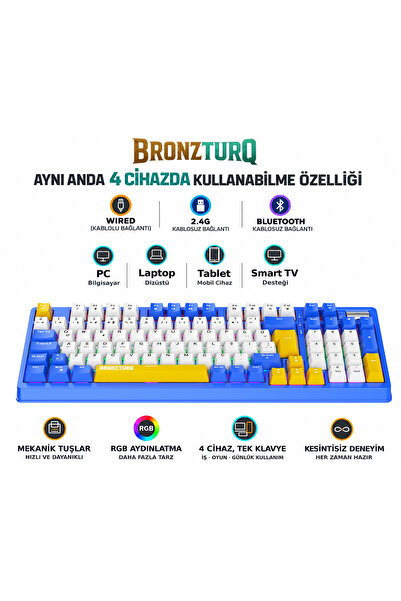 BRONZTURQ MK1116-MAVI RGB-ABS RED SWITCH 3N1 (USB + 2.4G + Bluetooth) MEKANİK...
