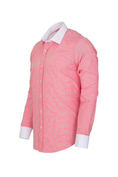 MAKROM Erkek Pembe Pötikare Desenli Kontrast Beyaz Yaka ve Manşetli Slim Fit ...