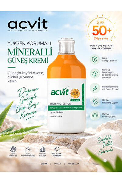 Acvit High Protection Mineral Sunscreen Spf 50+ Pa++++ 100 ml |   Whitening-Free Formula and Daily Moisturization