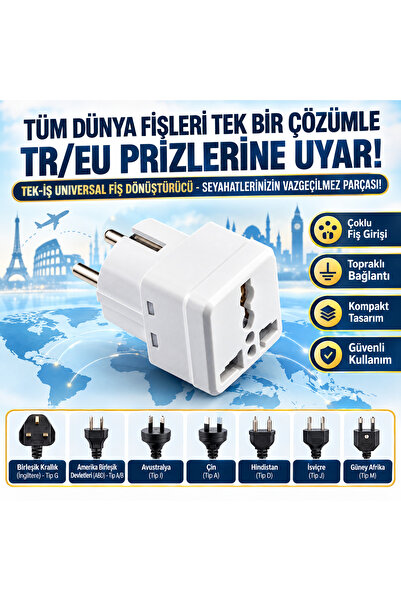 Tek-İş Seyahat Adaptörü Türk Erkek Fişli Üniversal Ingiliz Amerikan Fişi Prizi Çevirici Priz Dönüştürücü