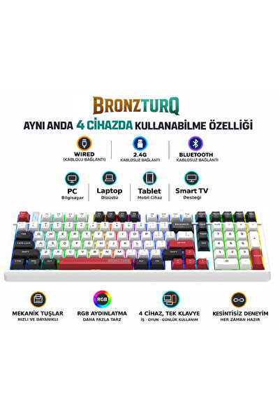 BRONZTURQ MK1176 3N1(Wired + 2.4G + Bluetooth ) RGB 101 TUŞLU ANTİ-GHOSTİNG M...