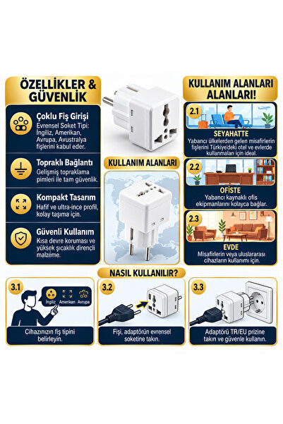 Tek-İş Seyahat Adaptörü Türk Erkek Fişli Üniversal Ingiliz Amerikan Fişi Prizi Çevirici Priz Dönüştürücü