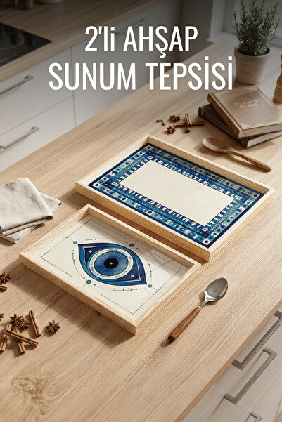 Nandy Home 2'li Mavi Nazar Desenli - Ahşap Çerçeveli Dekoratif Sunum ve Servi...