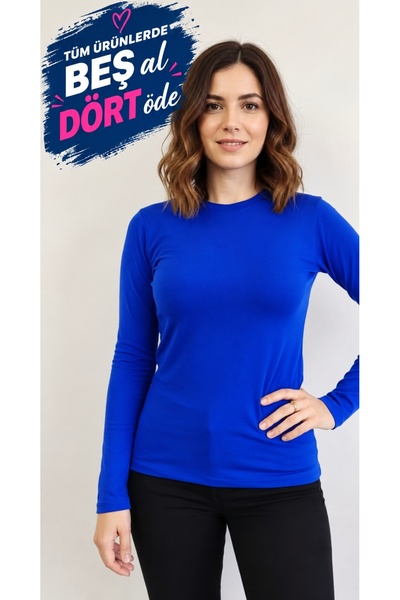 moda felinya Kadın Saks mavisi Bisiklet Yaka Uzun Kollu Body