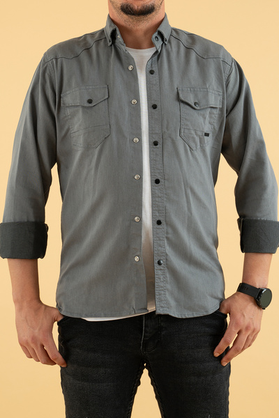 YXC Men's Gray Slim Fit Denim Shirt with Cotton Snap Buttons and Double Pockets