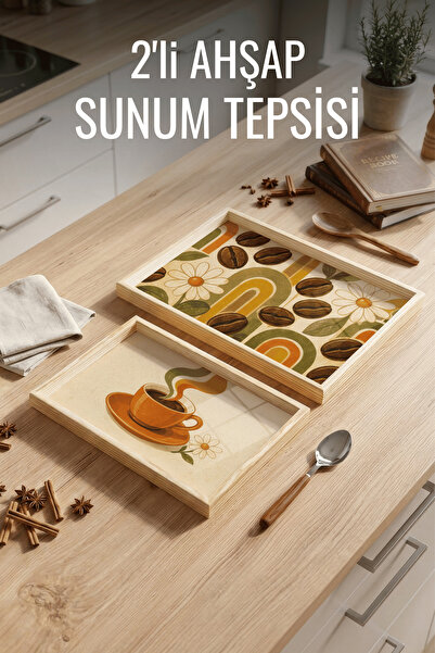 Nandy Home 2'li Kahve Bardağı Desenli - Ahşap Çerçeveli Dekoratif Sunum ve Se...