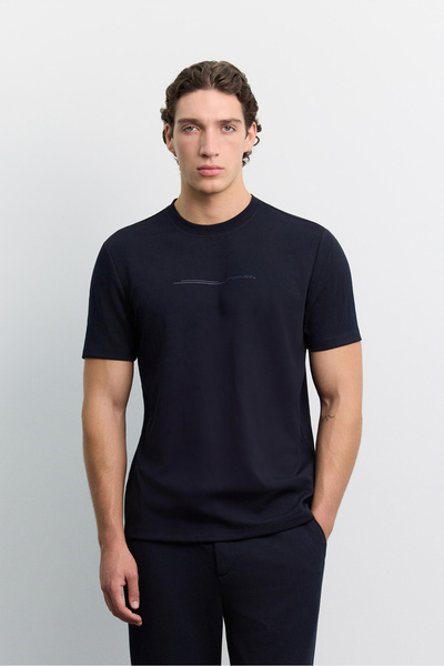 Avva Men's Navy Blue Crew Neck Shiny Rubber Printed Interlock Regular Fit T-S...