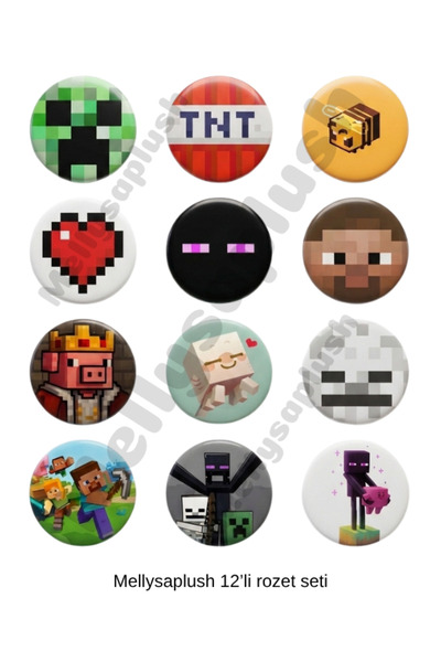 mellysaplush Minecraft Temalı 12’li Rozet Seti Gamer favoriler - 44 mm rozet ...
