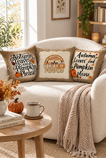 Evmila Autumn Patterned Velvet 3-Piece Throw Pillow Cover Set 43X43 cm - Deco...