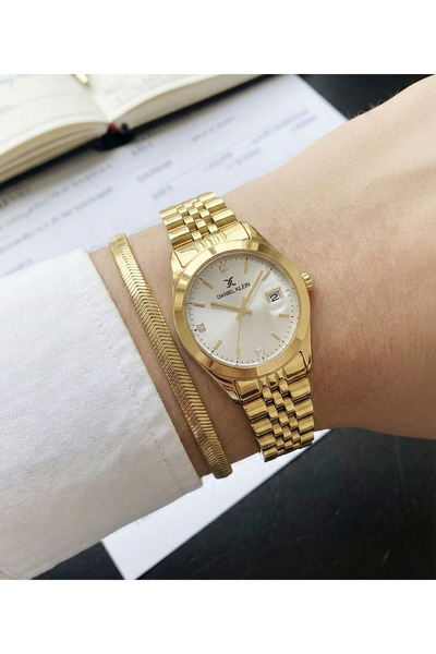 Daniel Klein Women's Gold Color Stone Calendar Metal Wristwatch with Gold Col...