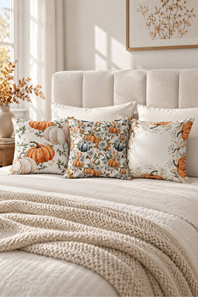 Evmila Autumn Patterned Velvet 3-Piece Throw Pillow Cover Set 43X43 cm - Deco...