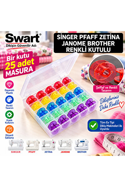 Swart "25 adet kutulu renkli dikiş makinesi masurası - Singer, PFAFF, Janome,...