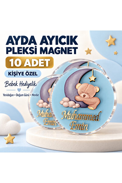 doğrukan Ayda Ayıcık Pleksi Magnet 10 Adet | Kişiye Özel İsimli Bebek Hediyel...
