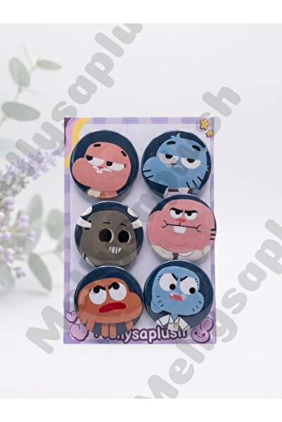 mellysaplush Gumball ve Ailesi 6'lı Broş ve Rozet Seti - 44 mm