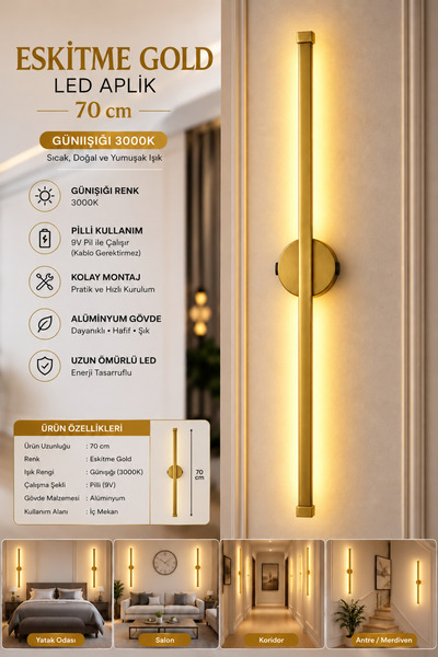 Mandaş Modern Eskitme Gold Gün Işığı 70 cm Led Duvar Aplik | Pilli Kablosuz T...
