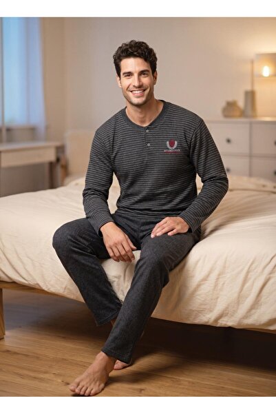 MEBA Winter Men's Interlock Collar Buttoned Long Sleeve Striped Anthracite Co...