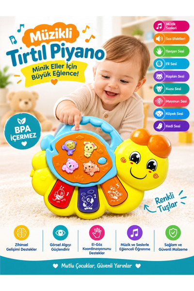 Solucan Bebek Piyanosu Işıklı Müzikli Eğitici Oyuncak 3 Fonksiyonlu Hayvan Sesli Ninnili (Sarı)