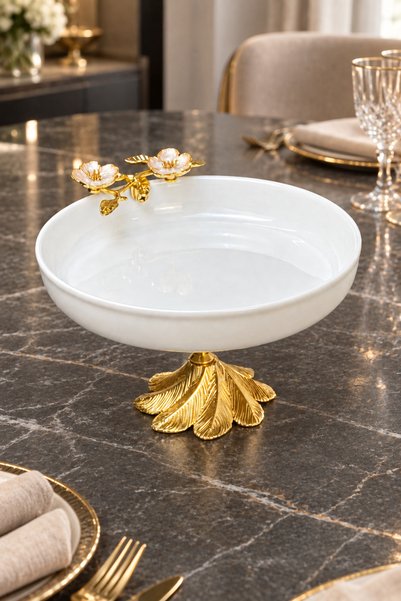 MAY HOME Laleza Kan Ayaklı Sunum Kasesi & Porselen Gold Detaylı Ayaklı Kase