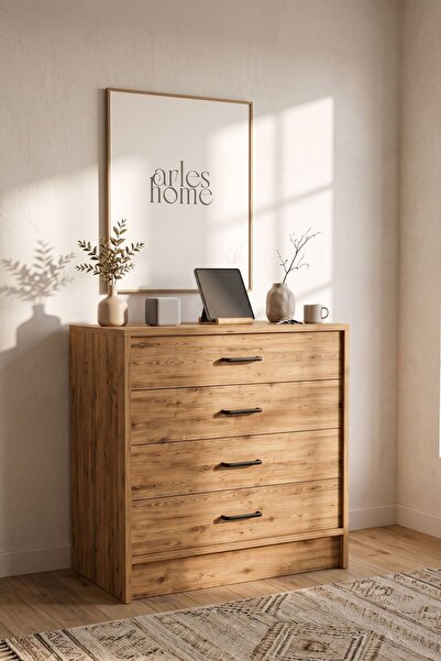 Arles Home Yuna 86 cm Doğal Meşe 4 Çekmeceli Şifonyer ve Çok Amaçlı Dolap