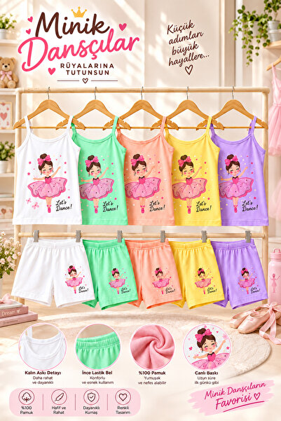 twenty ipek Girls' Printed Tank Top Boxer Set Economic Pack of 5 100% Cotton