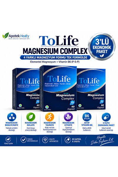 ToLife Apotek Magnesium Complex (Bisglisinat-Sitrat-Taurat-Malat) ve B6 (P5P)...