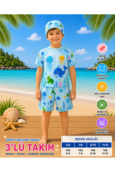 rony pony kids Erkek Çocuk Lacivert Şapkalı Mayo Takımı - 3 Parça