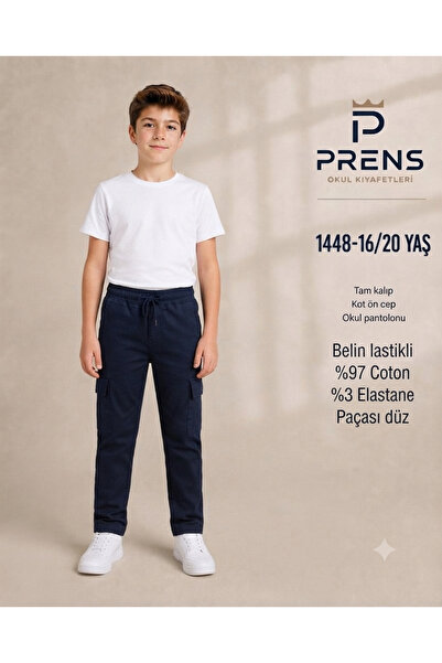 PRENS Boys' Navy Blue Color Cargo Pocket Elastic Waist Straight Leg Denim Sch...