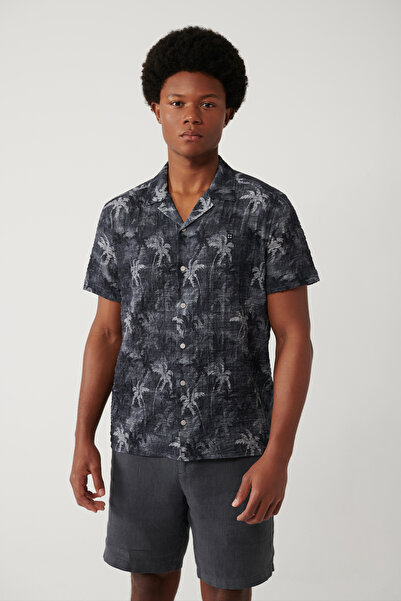 Avva Men's Black Apaj Collar Cotton Patterned Short Sleeve Regular Fit Shirt ...