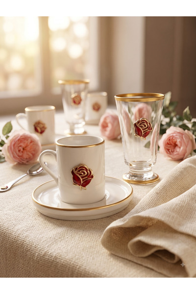 REGNA HOME Fine Living Love Roses 6 Piece Coffee Cup Set with 2 Person Decora...