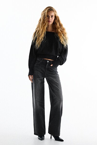 Bershka Yırtık detaylı wide leg yüksek bel jean