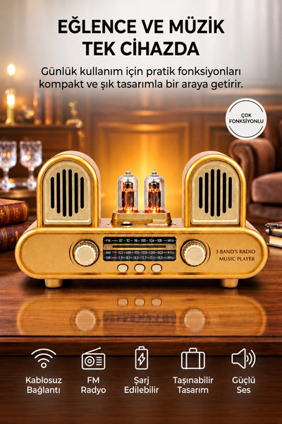 Maybax Nostaljik Tasarımlı Şarjlı Bluetooth Radyo, Güçlü Ses, FM/AM/SW ve MP3...