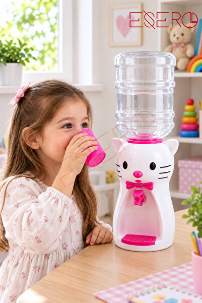 ESERO Çocuk Su Sebili Kedi Figürlü Bardaklı Oyuncak Su Pınarı Beyaz-Pembe 2,5...