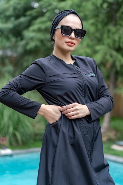 Minel لباس سباحة حجاب أسود مغطى بالكامل للنساء من كاتكات، مجموعة طويلة من قطعتين 034