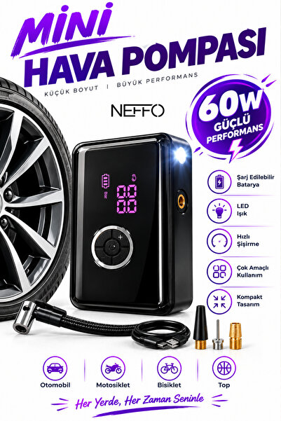 NEFFO Şarjlı Hava Kompresörü 4500mAh | LCD Ekranlı Taşınabilir Lastik Şişirme...