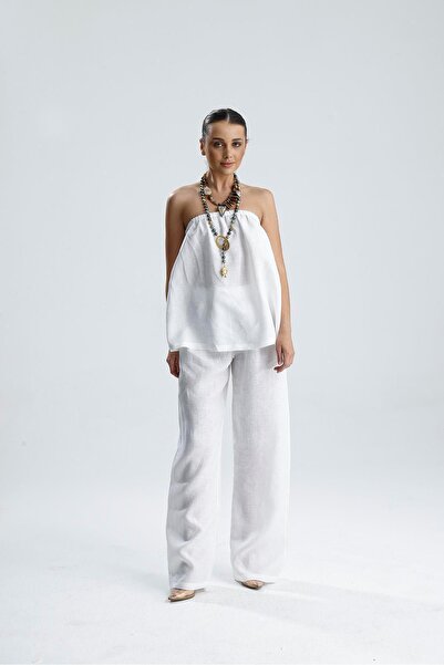 COLLECTİON Set de vară din in, cu top fără bretele și pantaloni largi LARA