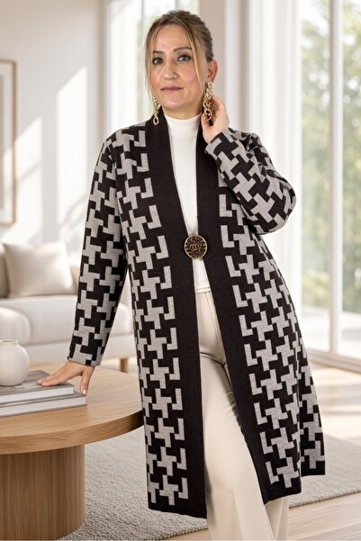 yagmurberen Geometric Patterned Broch Detailed Long Sleeve Shal Collar Large ...