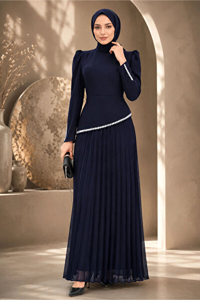 TRENDTESETTÜR KADIN LACİVERT TAŞLI PİLİSELİ ABİYE ELBİSE T 5463