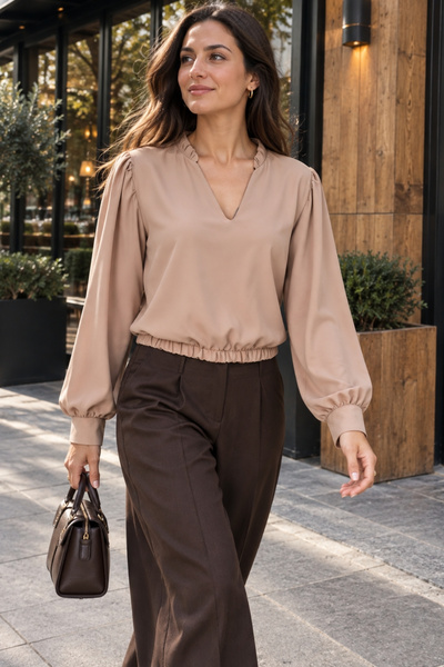 armonika Women's Beige V-Neck Collar Pleated Detail Elastic Waist Cuffed Blou...