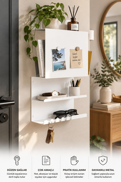 YİĞİT METAL Duvara Monte Metal Dekoratif Raf & Askılık Beyaz - Kitap, Anahtar...
